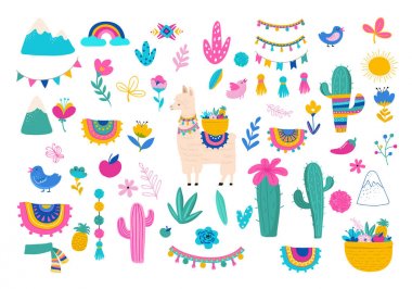 Lama illüstrasyon, şirin elle çizilmiş öğeleri ve kreş tasarımı, afişi, tebrik kartı için tasarım