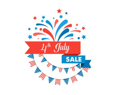 4 Temmuz, havai fişek, afiş, kurdeleler ve renk sıçramaları ile Amerikan Bağımsızlık günü kutlama arka plan