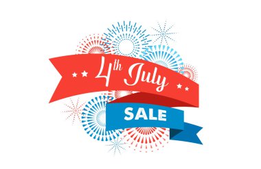 4 Temmuz, havai fişek, afiş, kurdeleler ve renk sıçramaları ile Amerikan Bağımsızlık günü kutlama arka plan