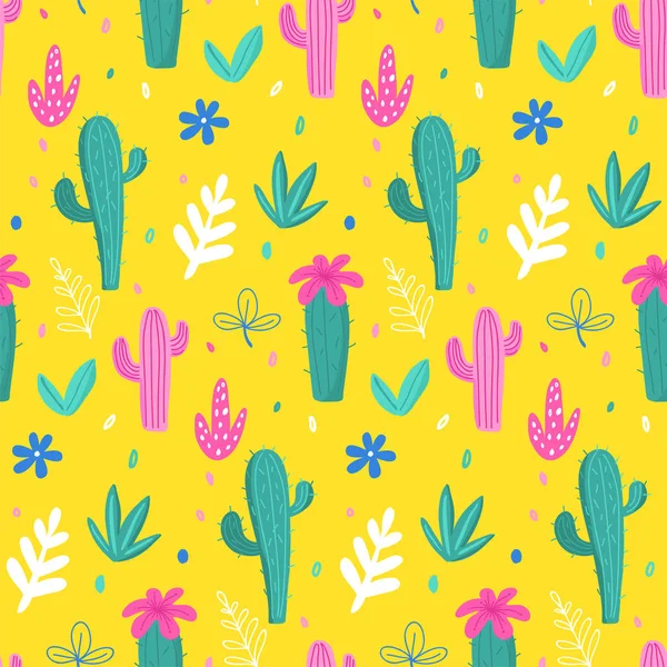 Motif sans couture, cactus, feuilles de palmier, fleurs de la jungle — Image vectorielle