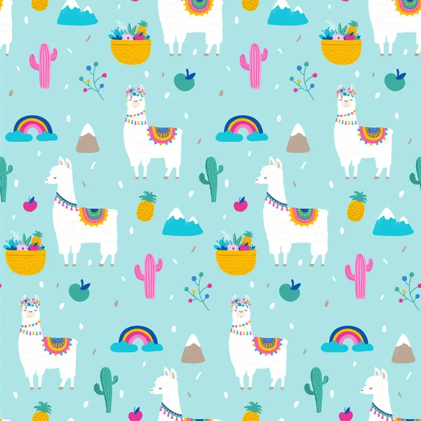 Llama, alpaca, cactuses and leaves seamless pattern
