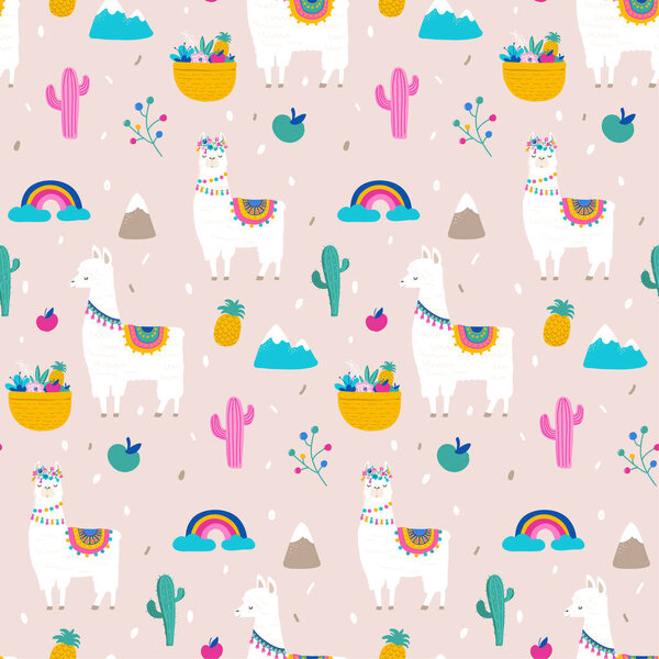 Llama, alpaca, cactuses and leaves seamless pattern