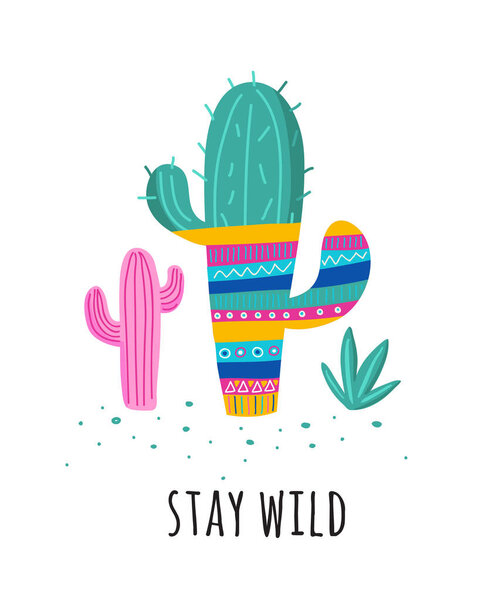 Ilustración de cactus de punto, elementos dibujados a mano lindo y diseño para el diseño de vivero, cartel, tarjeta de felicitación — Vector de stock