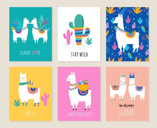 Lama e alpaca raccolta di simpatiche illustrazioni disegnate a mano, carte e design per vivaio, poster, biglietto di auguri — Vettoriale Stock