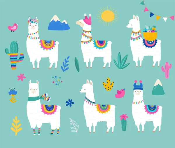 Llama collection, cute hand drawn illustration and design for nursery design, poster, greeting card — Stock Vector