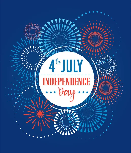 4 luglio, festa dell'indipendenza americana sfondo con fuochi d'artificio, striscioni, nastri e spruzzi di colore — Vettoriale Stock