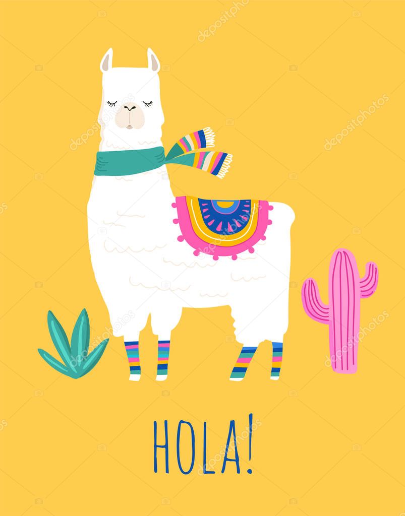 Llama illustration, cute hand drawn elements and design for nursery design, poster, greeting card