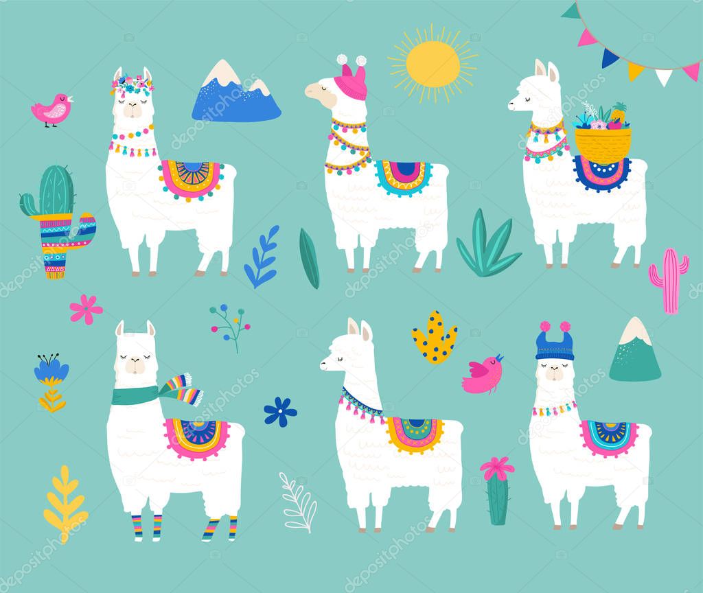 Llama collection, cute hand drawn illustration and design for nursery design, poster, greeting card