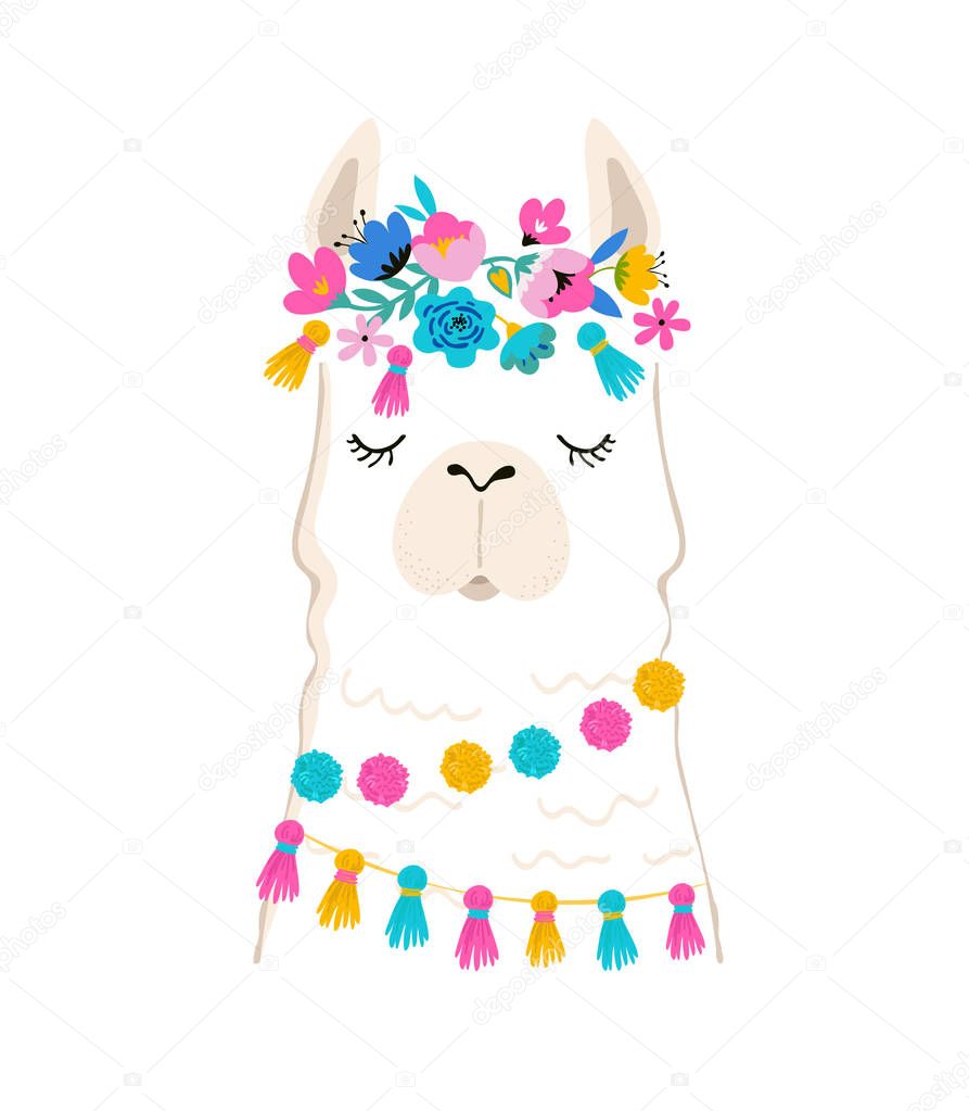 Llama illustration, cute hand drawn elements and design for nursery design, poster, greeting card