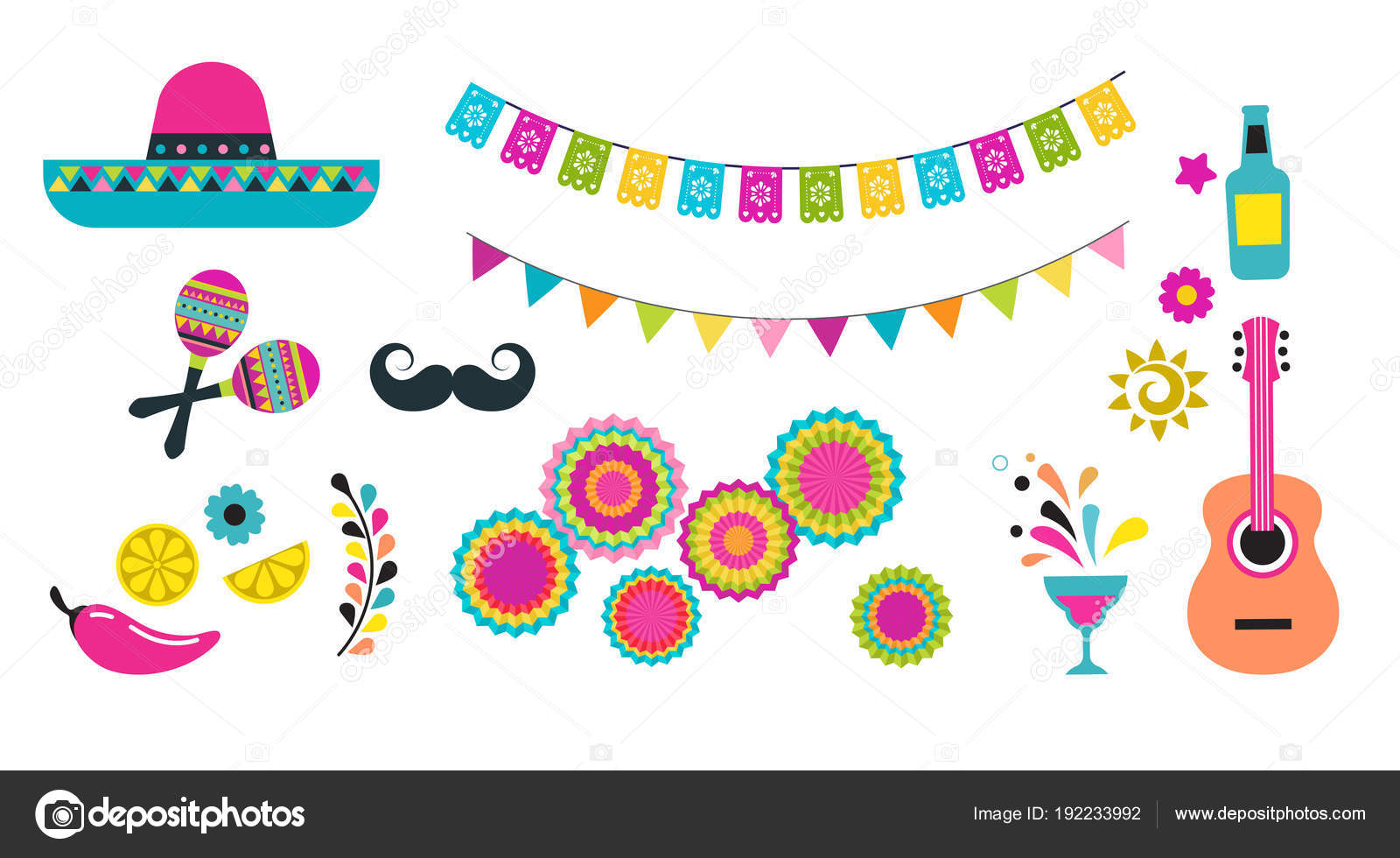 メキシコのフィエスタ、シンコ ・ デ ・ マヨ、誕生日要素およびアイコン ストックベクター ©marish 192233992, image size:1600x980