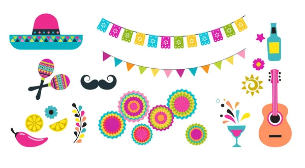 Fiesta mexicaine, Cinco de Mayo, éléments d'anniversaire et icônes — Image vectorielle