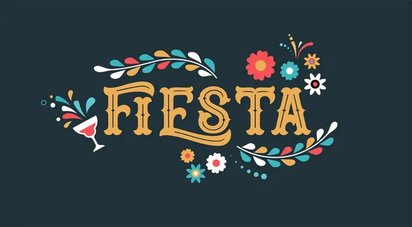 Fiesta banner a plakát design s vlajkami, květiny, dekorace — Stockový vektor