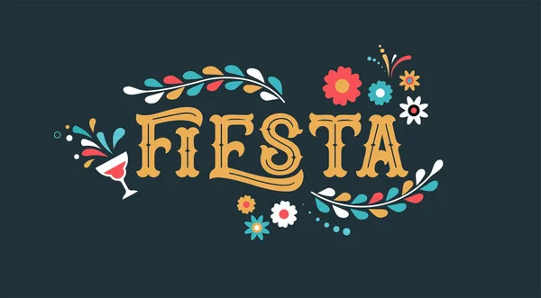 Banner de fiesta y diseño de póster con banderas, flores, decoraciones — Archivo Imágenes Vectoriales