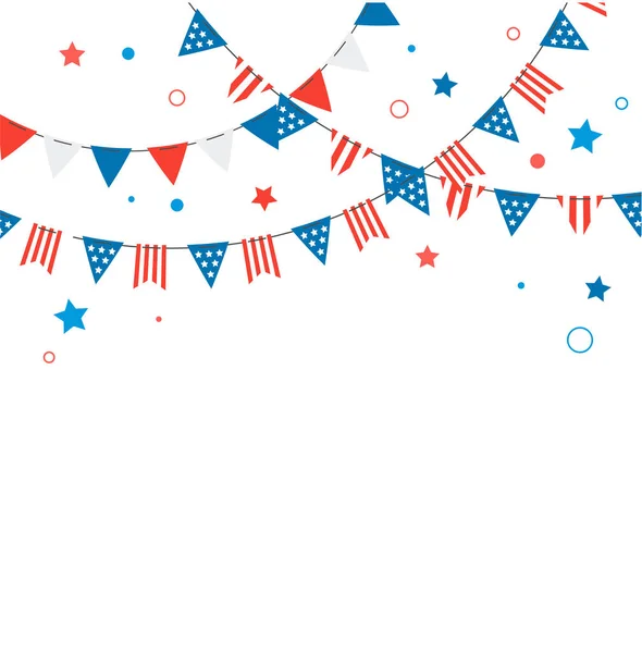 4 июля, День независимости США праздник фоне с фейерверками, баннерами, лентами и цветные брызги — стоковый вектор