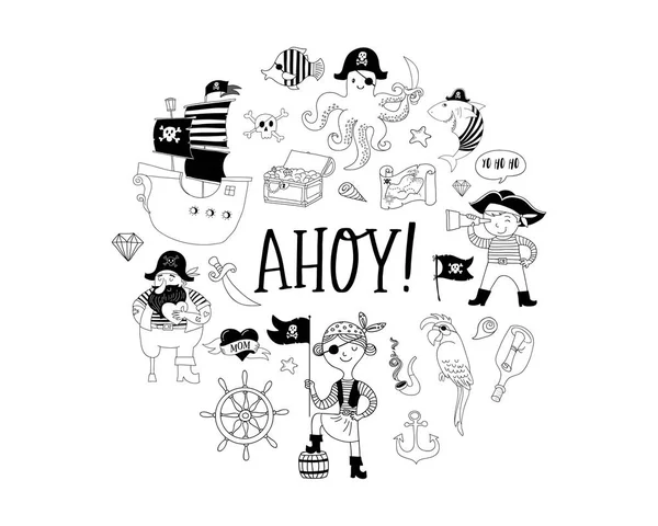 Coleção pirata de personagens desenhados à mão e ícones — Vetor de Stock