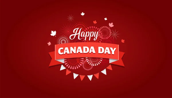 Ευτυχισμένος ημέρα του Καναδά, φόντο, πανό με πυροτεχνήματα και φύλλα σφενδάμου — Διανυσματικό Αρχείο
