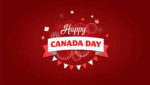 Feliz día de Canadá, fondo, bandera con fuegos artificiales y hojas de arce — Vector de stock