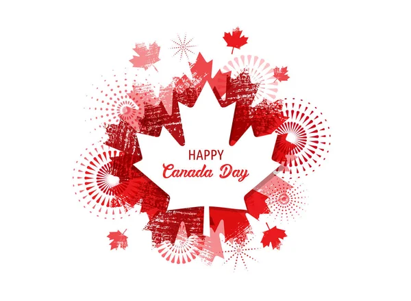 Ευτυχισμένος ημέρα του Καναδά, φόντο, πανό με πυροτεχνήματα και φύλλα σφενδάμου — Διανυσματικό Αρχείο
