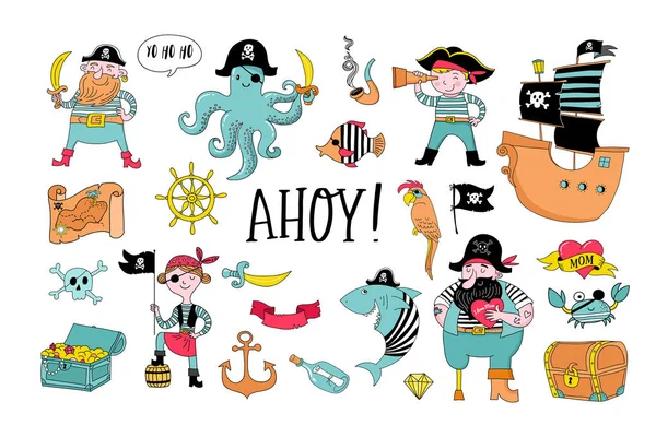 Piratensammlung handgezeichneter Figuren und Symbole — Stockvektor