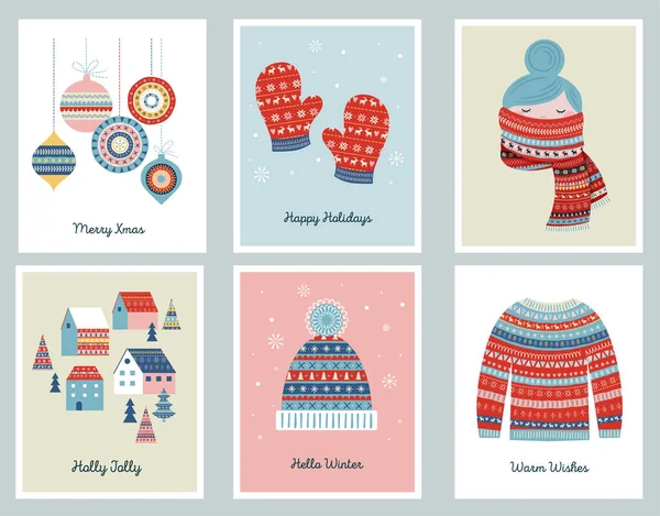 Frohe Weihnachtskarten mit gemusterten Illustrationen und Elementen. Vektordesign — Stockvektor