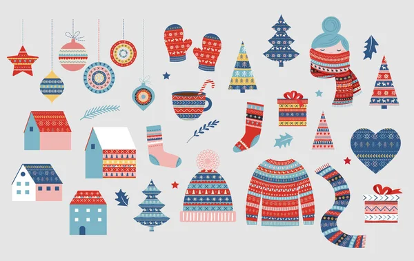 Kerst collectie van illustraties, winter patroon elementen. Trui, meisje met sjaal, gebreide muts, decoratie, dorp. — Stockvector