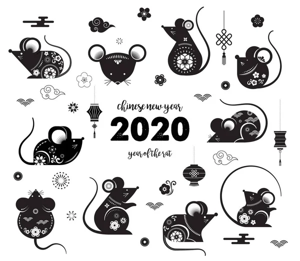 Mutlu Çin Yeni Yıl Tasarımı. 2020 Rat Zodiac. Güzel dekore edilmiş fare koleksiyonu. Japonca, Korece, Vietnamca yeni yıl. Vektör illüstrasyon ve afiş kavramı — Stok Vektör