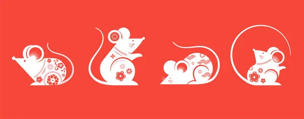 Šťastný čínský novoroční design. 2020 Krysí zvěrokruh. Roztomilá sbírka zdobených myší. Japonský, korejský, vietnamský nový rok. Koncept vektorové ilustrace a transparentu — Stockový vektor