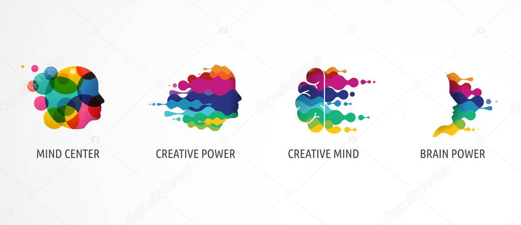 Brain, Creative mind, learning and design icons, logos. Man head, people symbols collection