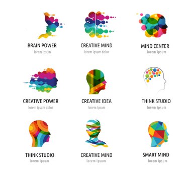 Beyin, yaratıcı akıl, öğrenme ve tasarım ikonları, logolar. İnsan kafası, insan sembolleri.