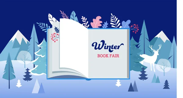 País de las maravillas del invierno, bandera de la feria del libro con libro abierto y árboles congelados. Ilustración vectorial — Vector de stock