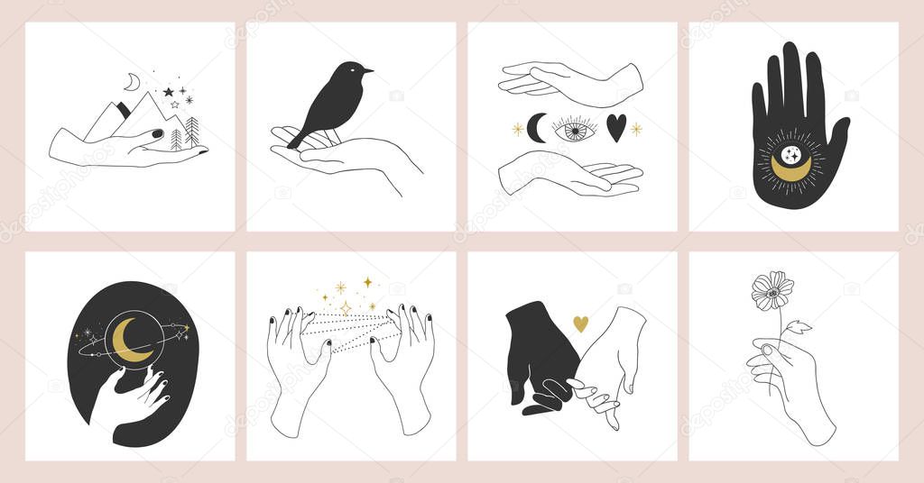 Collection of fine, hand drawn style logos and icons of hands. Fashion, skin care and wedding concept illustrations.