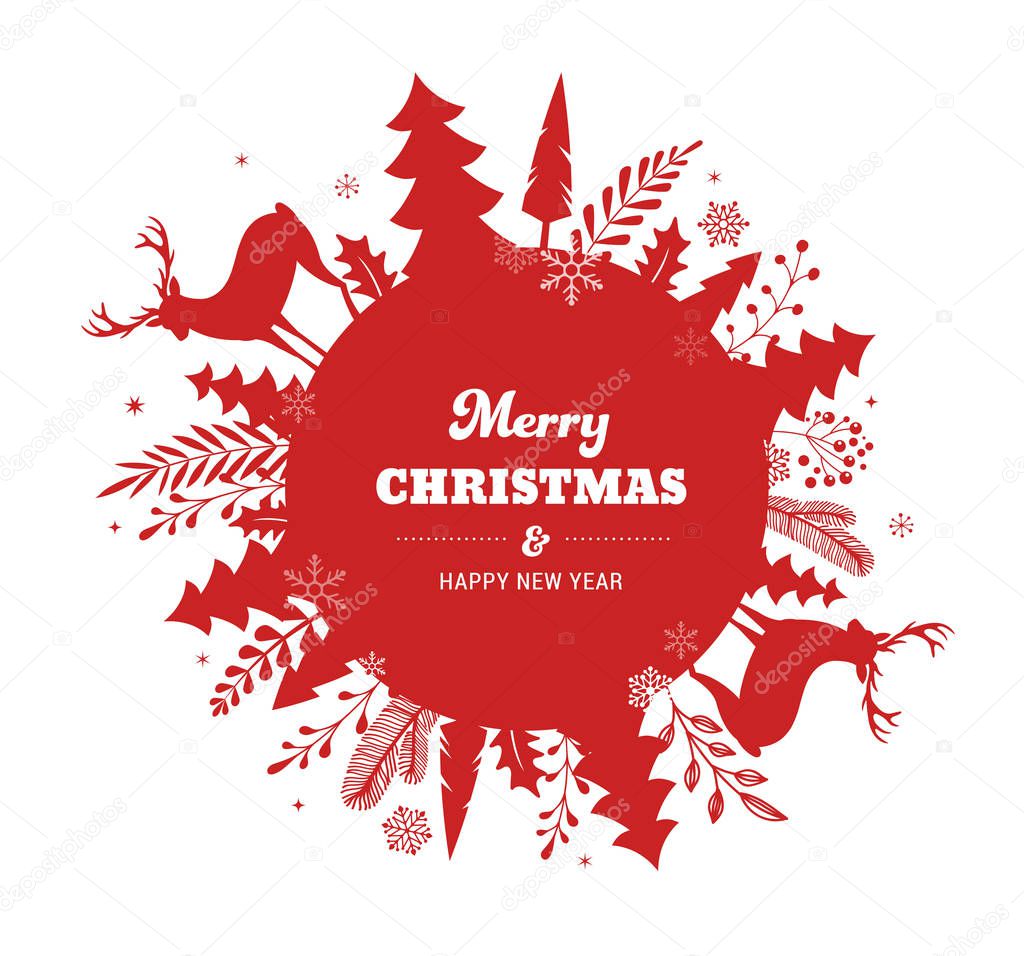 Winter background, Merry Christmas abstract landscape in circle composition. Vector design and illustration