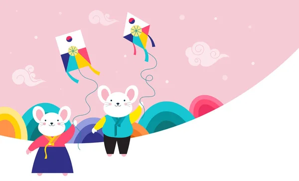 Korean Perinteinen Onnellista Uutta Vuotta Päivä, Vuosi rotta. Söpö hiiret leijat korealainen perinteinen mekko . — vektorikuva