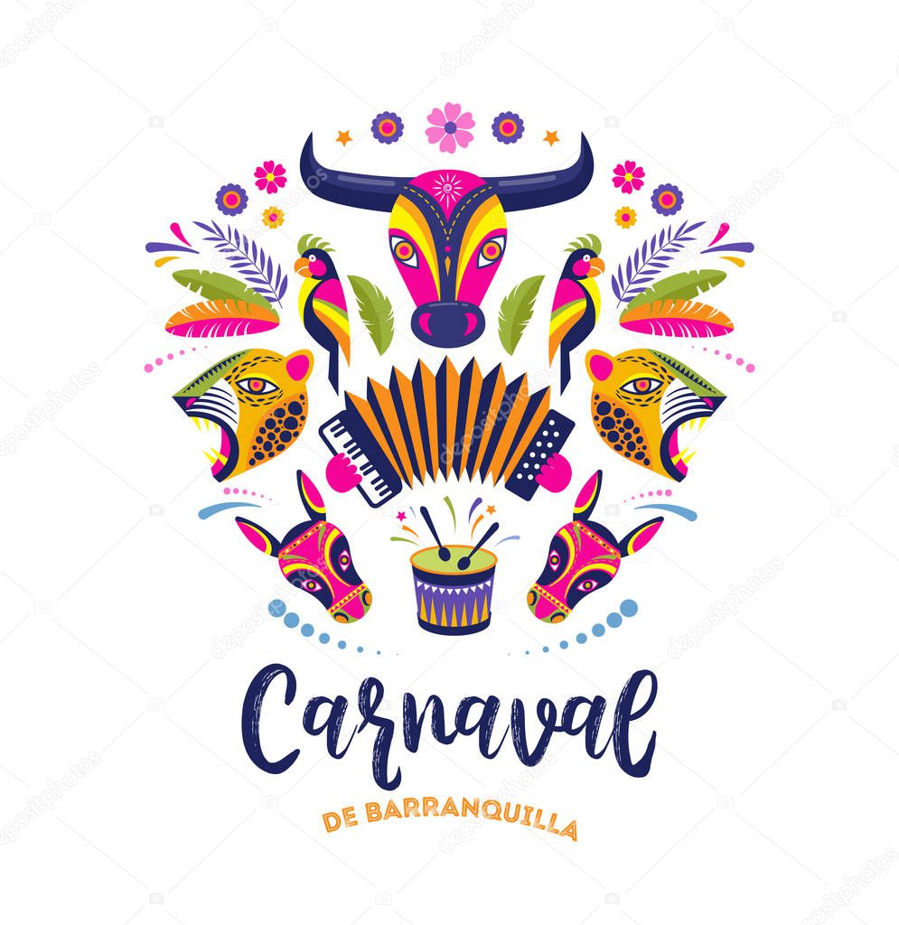Carnaval de Barranquilla, Colombian carnival party. Vector illustration, poster and flyer template