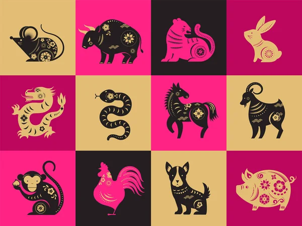 Chinees nieuwjaar, dierenriemtekens, papercut pictogrammen en symbolen. Vector illustraties — Stockvector