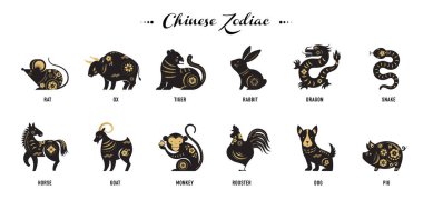 Chinese new year, zodiac signs, papercut icons and symbols. Vector illustrations clipart
