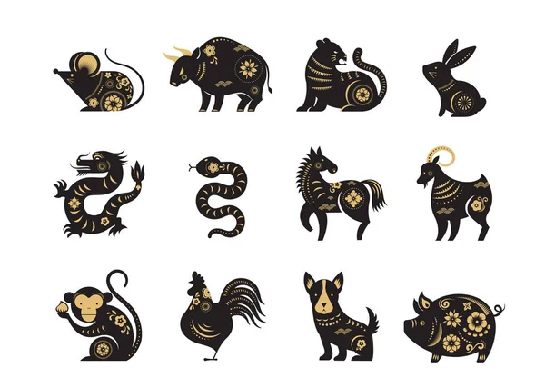 Capodanno cinese, segni zodiacali, icone papercut e simboli. Illustrazioni vettoriali — Vettoriale Stock