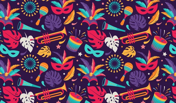 Carnaval Brasileño, festival de música, plantilla de volante de máscaras — Vector de stock