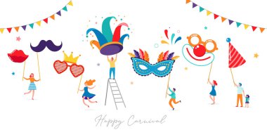 Carnival, party, Purim background with tiny, miniature people, families, kids and young adults jumping, dancing and celebrating. clipart