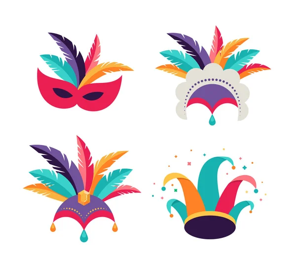 Carnaval, fiesta, fondo Purim. Máscaras, sombrero de payaso, tocado de bailarina — Vector de stock