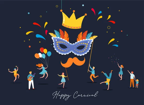 Carnaval, feest, Purim achtergrond met kleine, miniatuur mensen, families, kinderen en jonge volwassenen springen, dansen en vieren. — Stockvector