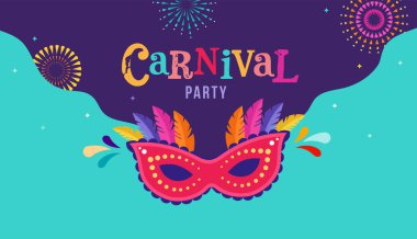 Carnival, party, Rio Carnaval, Purim background with confetti, music instruments, masks, clown hat and fireworks. Vector illustration clipart