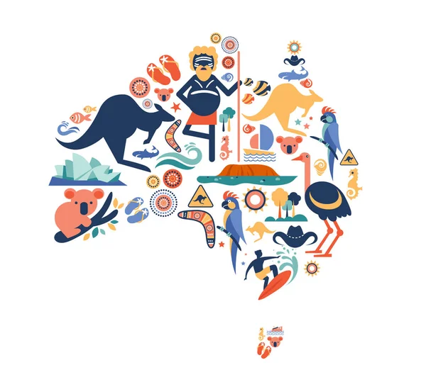 Австралия иллюстрация карты со многими иконками, символами. Векторный дизайн — стоковый вектор