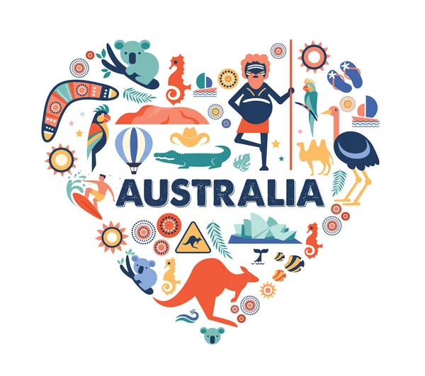 Australien illustration av hjärtat med många ikoner, symboler. Vektorns utformning — Stock vektor