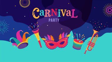 Karnaval, parti, Rio Karnavalı, konfetili Purim arka planı, müzik aletleri, maskeler, palyaço şapkası ve havai fişekler. Vektör illüstrasyonu