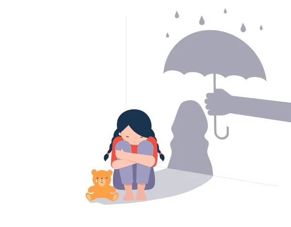 Niña triste con oso de peluche sentado en el suelo, sombra en la pared es una mano con paraguas la protege. Maltrato infantil, violencia contra el diseño de conceptos infantiles . — Archivo Imágenes Vectoriales