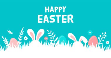 Happy Easter banner with bunny, flowers and eggs. Egg hunt poster. Spring background in modern style