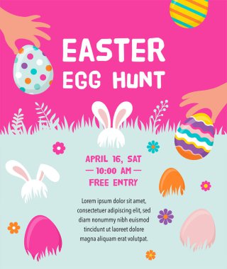 Happy Easter banner with bunny, flowers and eggs. Egg hunt poster. Spring background in modern style