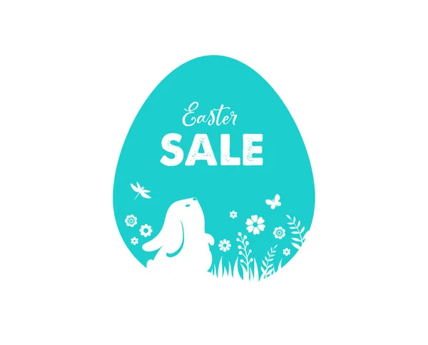 Happy Easter banner with bunny, flowers and eggs. Egg hunt poster. Spring background, vector illustration — Stock vektor