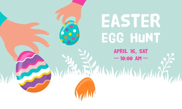 Feliz bandera de Pascua con conejito, flores y huevos. Cartel de caza de huevos. Fondo de primavera en estilo moderno — Vector de stock